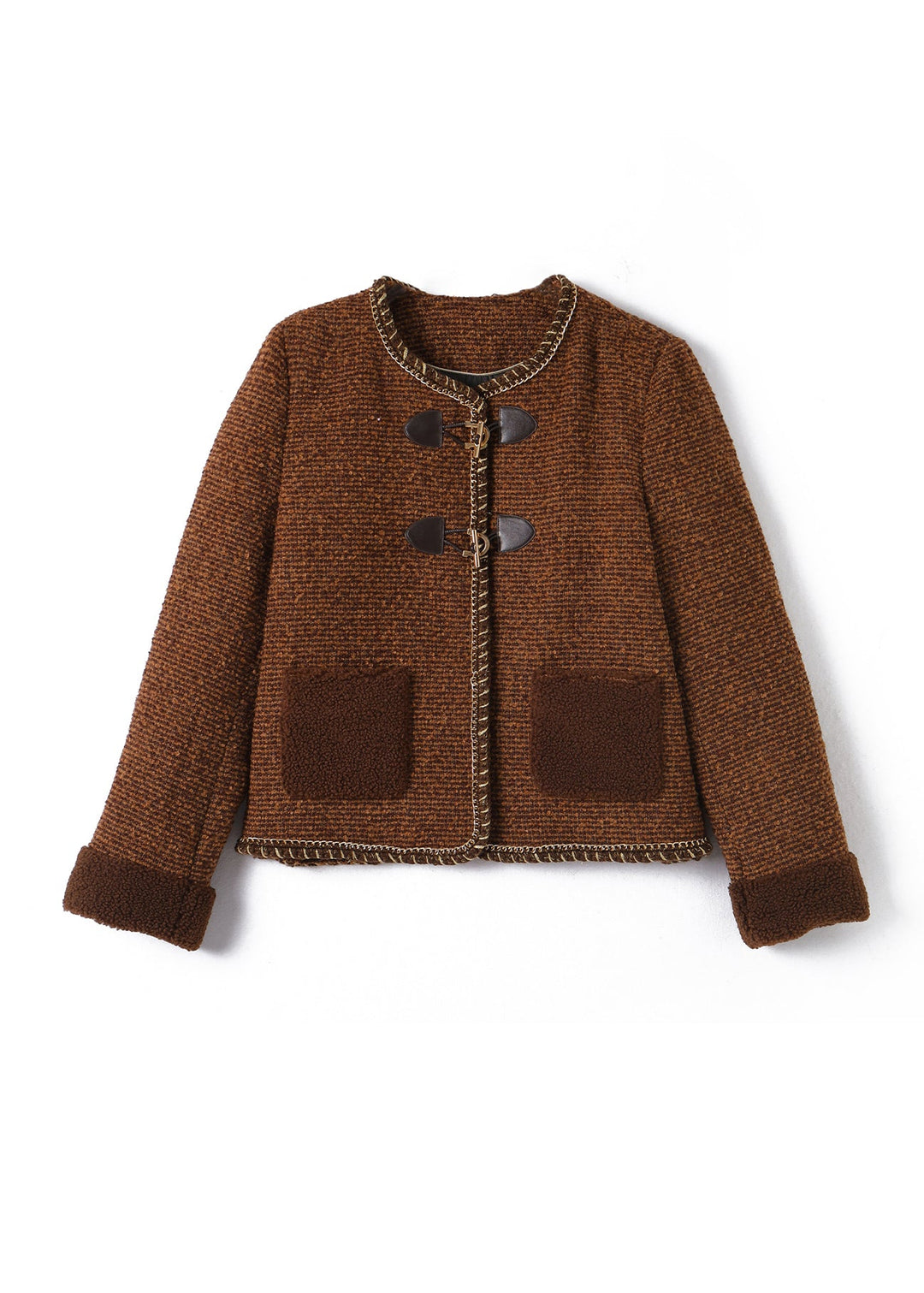 Fashion Coffee Pockets Button Woolen Duck Down Filled Jacket Winter