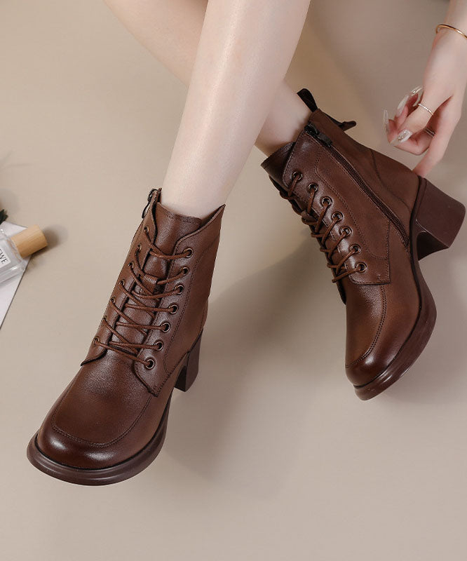 Fashion Cross Strap Chunky Boots Brown Cowhide Leather