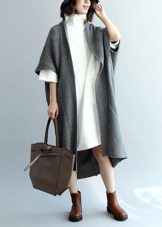 Fashion Dark Gray Bat Wing Sleeve Pockets Fall Knitwear Coat - Omychic