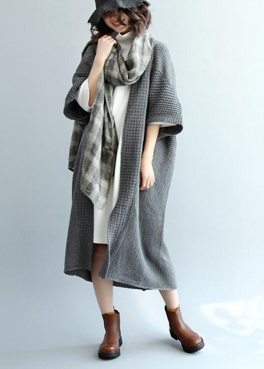 Fashion Dark Gray Bat Wing Sleeve Pockets Fall Knitwear Coat - Omychic