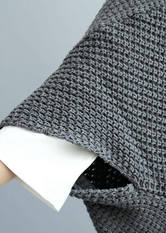 Fashion Dark Gray Bat Wing Sleeve Pockets Fall Knitwear Coat - Omychic