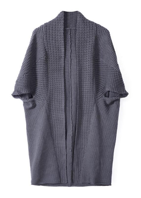 Fashion Dark Gray Bat Wing Sleeve Pockets Fall Knitwear Coat - Omychic