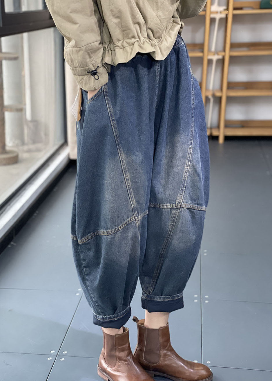 Fashion Denim Blue Elastic Waist Oversized Patchwork Cotton Harem Pants Fall