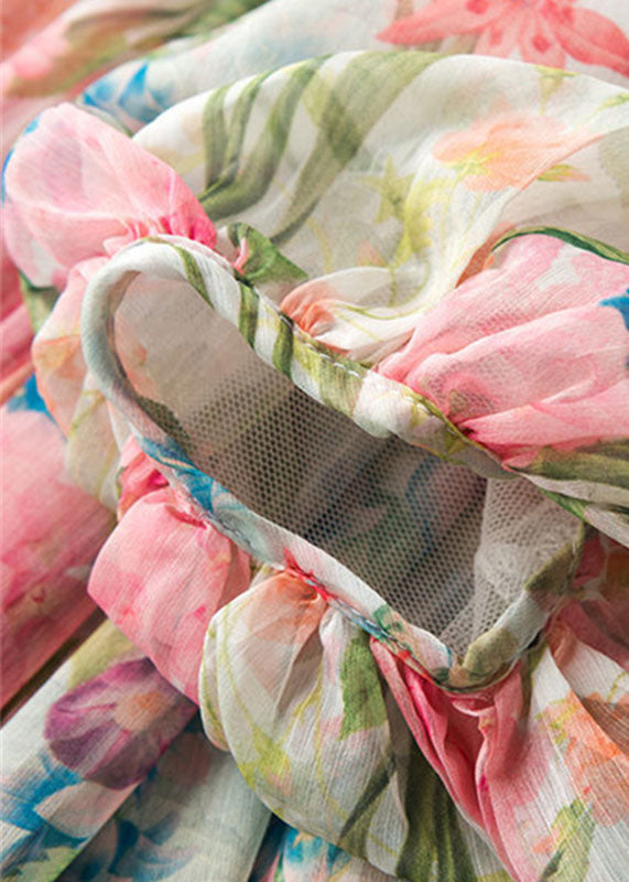 Fashion Floral Print Wrinkled Patchwork Chiffon Blouses Lantern Sleeve