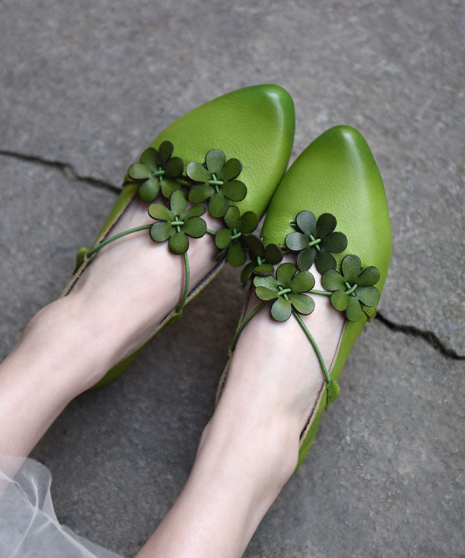 Fashion Floral Splicing Flat Shoes Pointed Toe Green Cowhide Leather