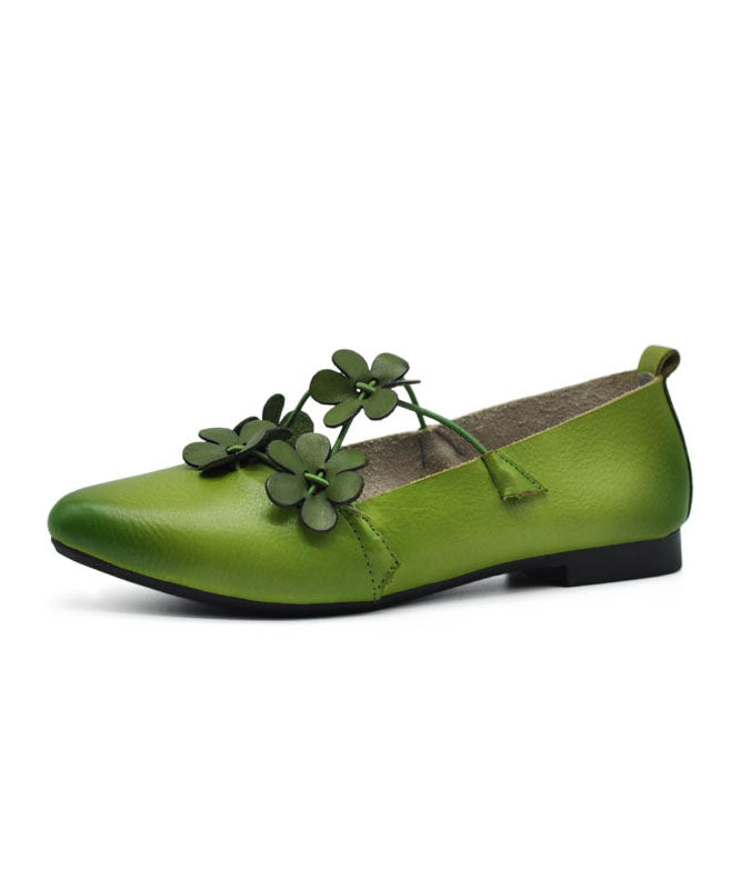 Fashion Floral Splicing Flat Shoes Pointed Toe Green Cowhide Leather
