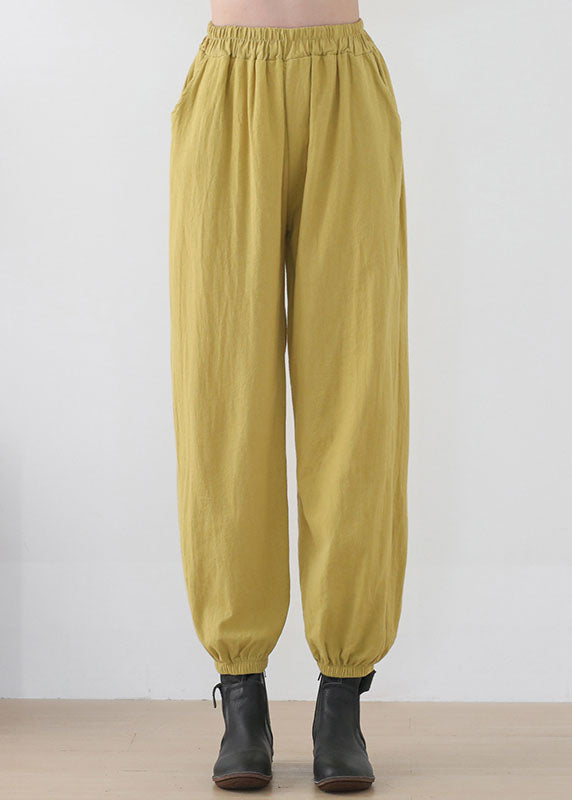 Fashion Ginger Elastic Waist Pockets Linen Harem Pants Summer