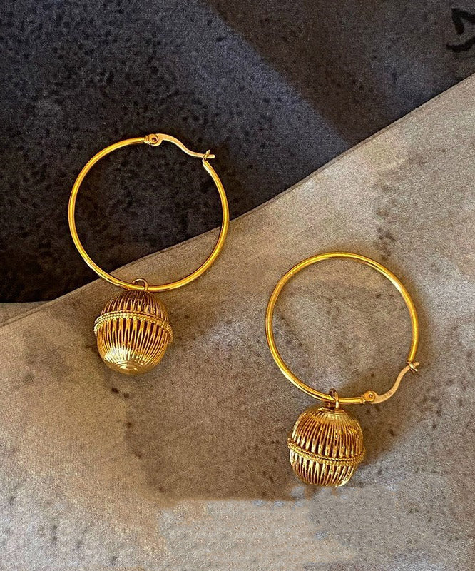 Fashion Gold Stainless Steel Overgild Ball Hollow Out Ball Hoop Earrings