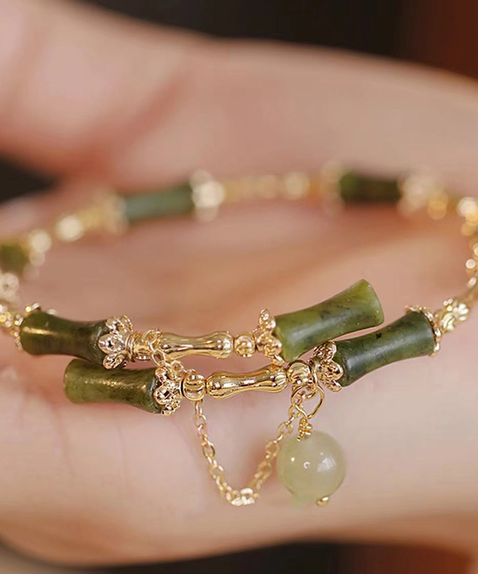 Fashion Green Crystal Jade Bamboo Joint Tassel Charm Bracelet