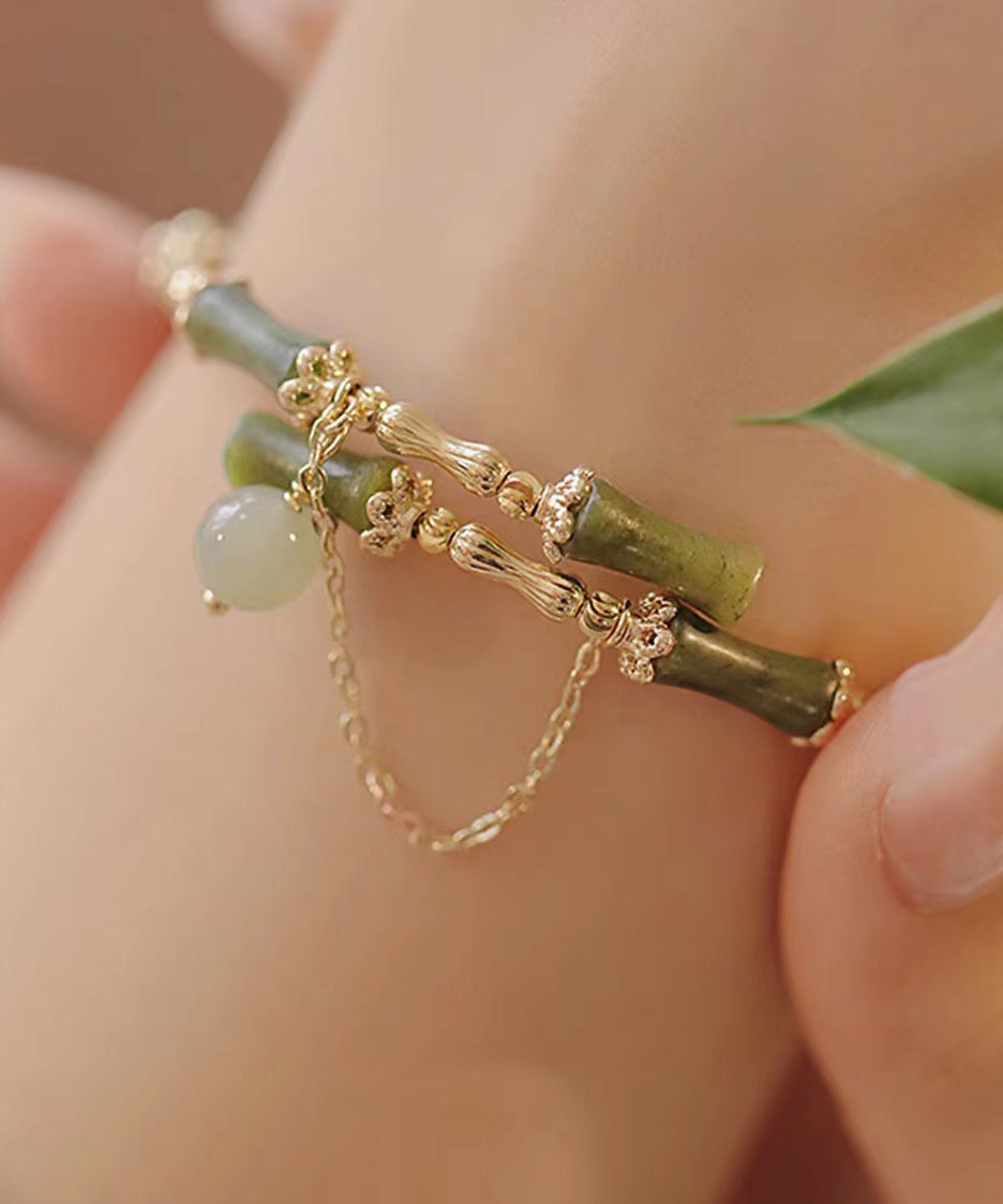 Fashion Green Crystal Jade Bamboo Joint Tassel Charm Bracelet