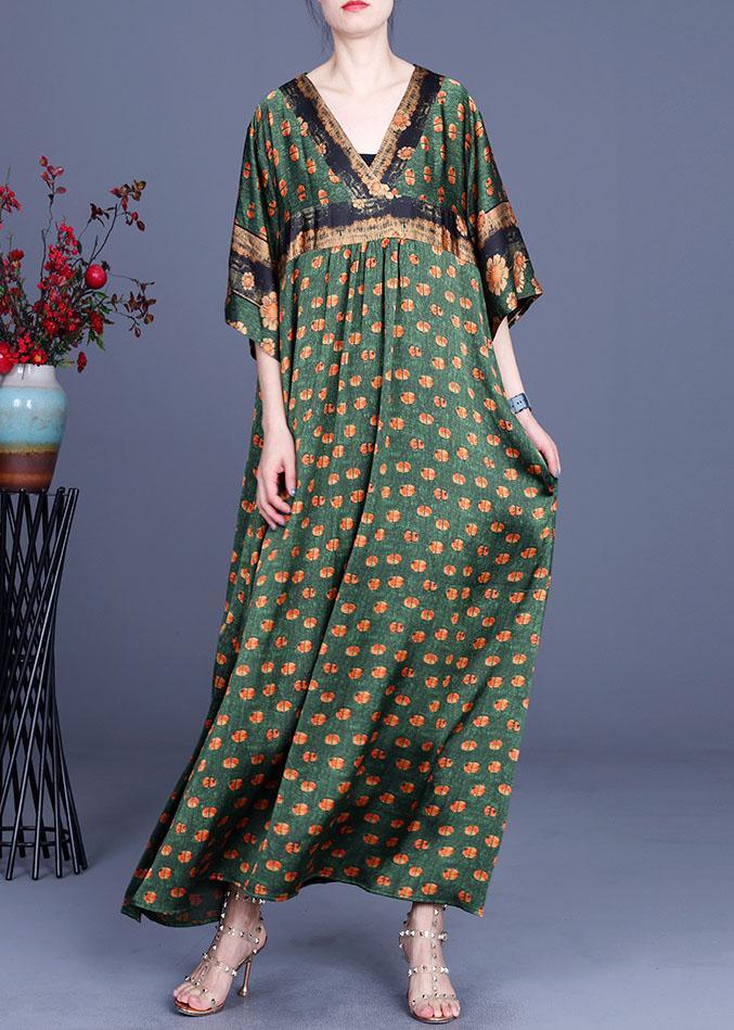 Fashion Green Dot Silk Patchwork V Neck Dress Summer - Omychic