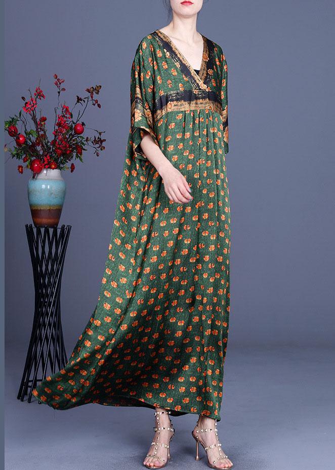 Fashion Green Dot Silk Patchwork V Neck Dress Summer - Omychic