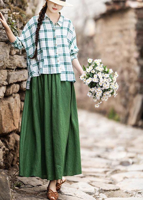 Fashion Green Elastic Waist A Line Skirts Summer Linen - Omychic