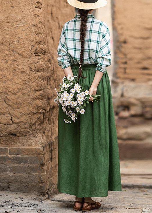 Fashion Green Elastic Waist A Line Skirts Summer Linen - Omychic