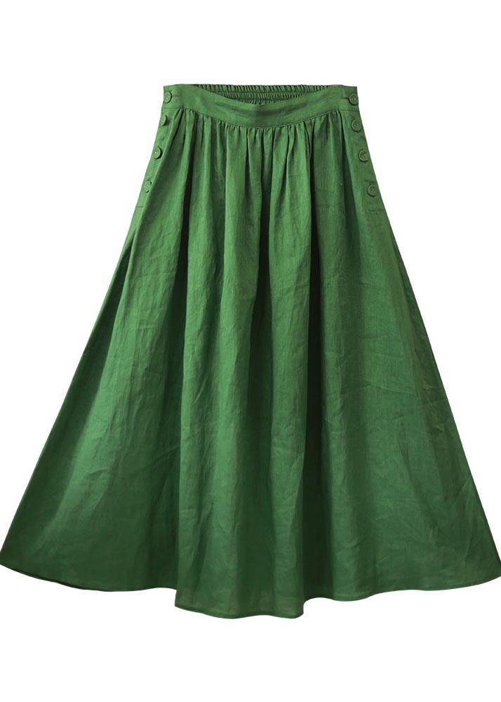 Fashion Green Elastic Waist A Line Skirts Summer Linen - Omychic