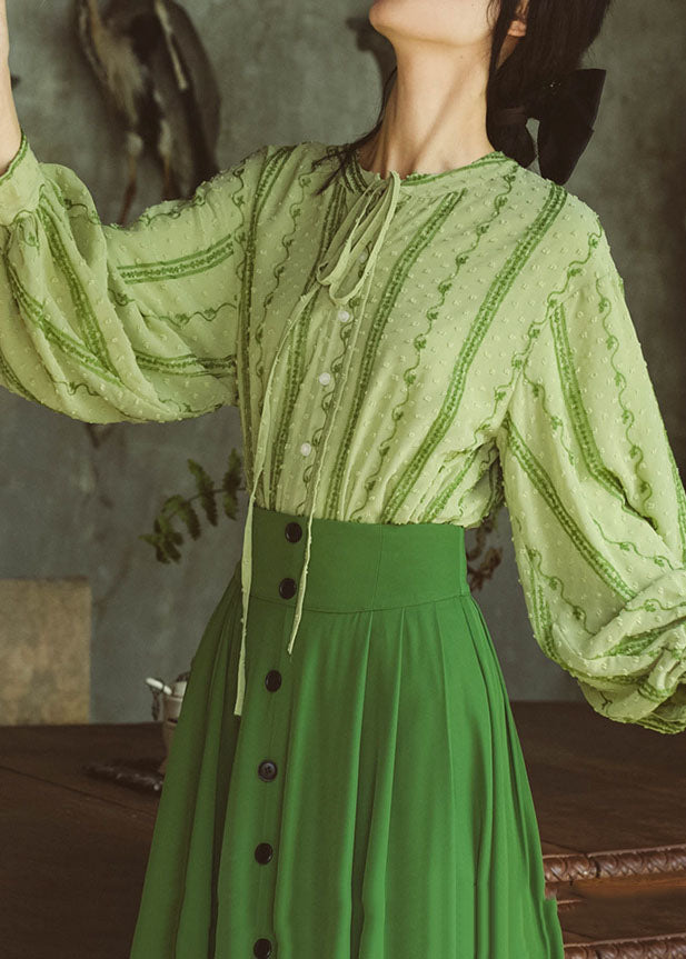 Fashion Green Embroideried Lace Up Cotton Shirt Top Spring