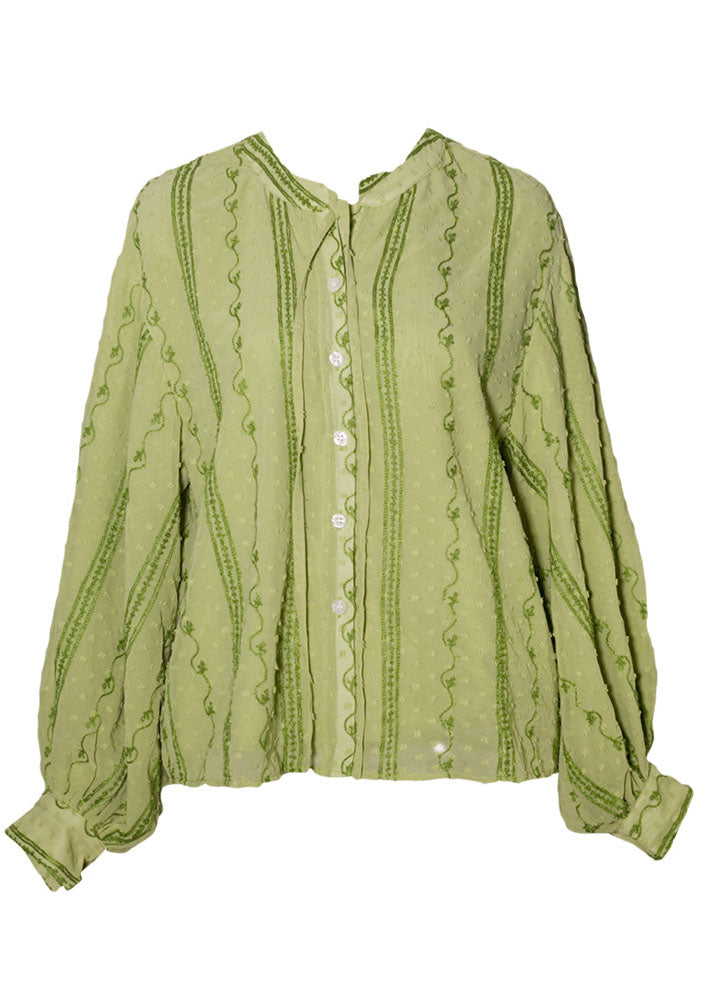 Fashion Green Embroideried Lace Up Cotton Shirt Top Spring