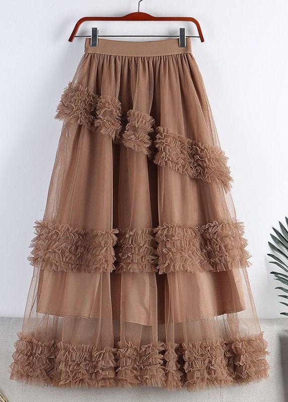 Fashion Coffee High Waist Ruffled Tulle A Line Skirt Spring