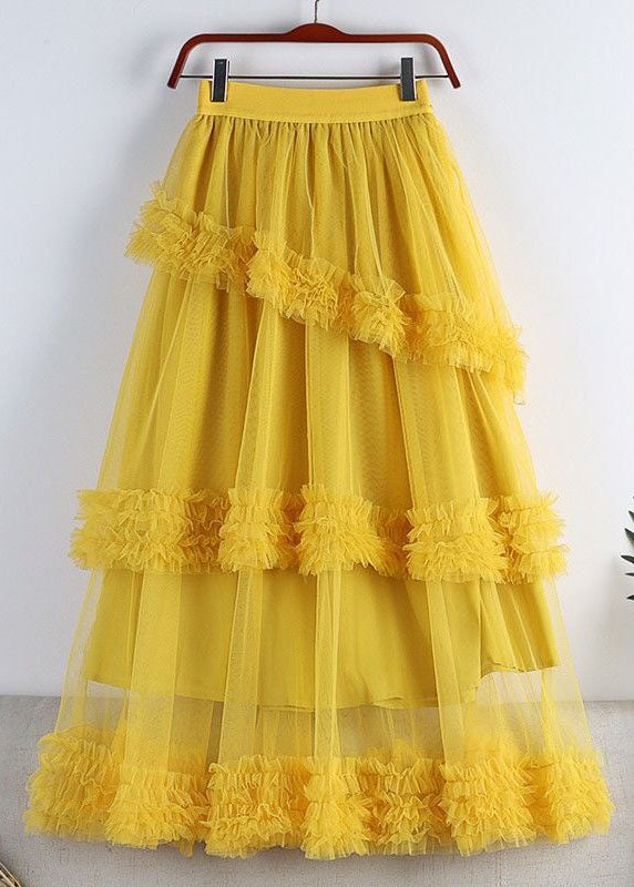 Fashion Coffee High Waist Ruffled Tulle A Line Skirt Spring