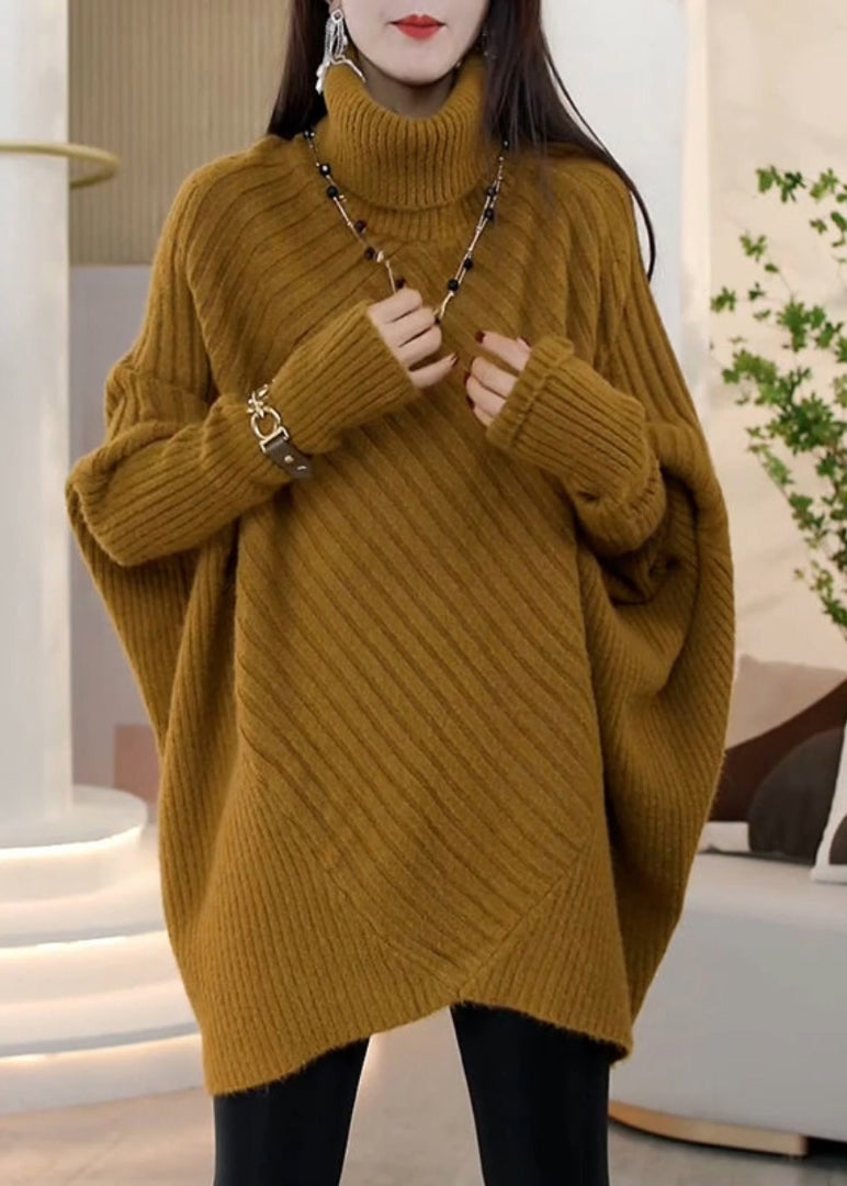 Fashion Green Hign Neck Asymmetrical Patchwork Knit Pullover Batwing Sleeve