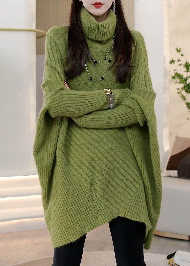 Fashion Green Hign Neck Asymmetrical Patchwork Knit Pullover Batwing Sleeve