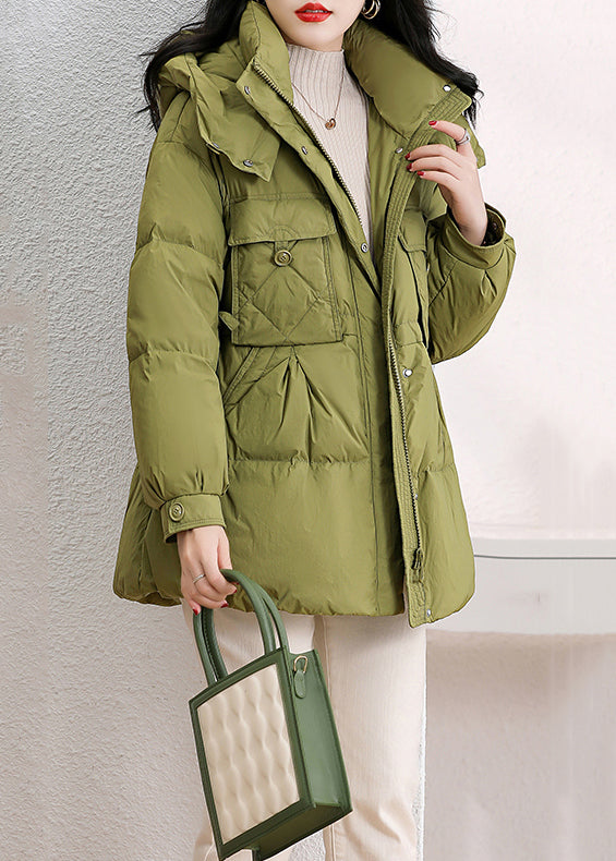 Fashion Green Hooded Pockets Patchwork Duck Down Down Coat Winter