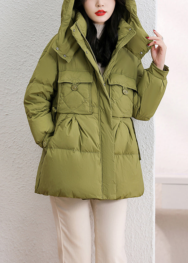Fashion Green Hooded Pockets Patchwork Duck Down Down Coat Winter