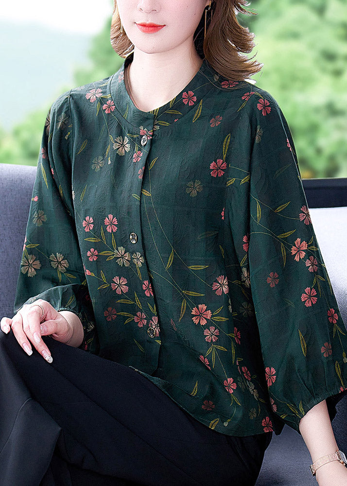 Fashion Green O-Neck Print Button Silk Shirt Long Sleeve