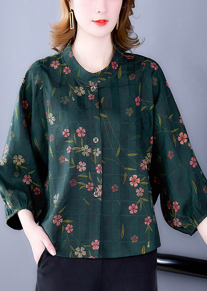 Fashion Green O-Neck Print Button Silk Shirt Long Sleeve