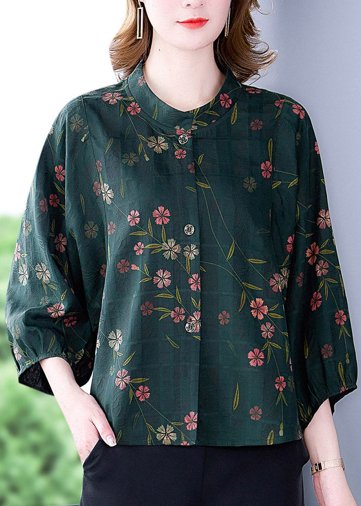 Fashion Green O-Neck Print Button Silk Shirt Long Sleeve