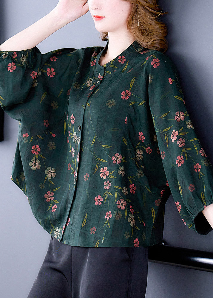 Fashion Green O-Neck Print Button Silk Shirt Long Sleeve