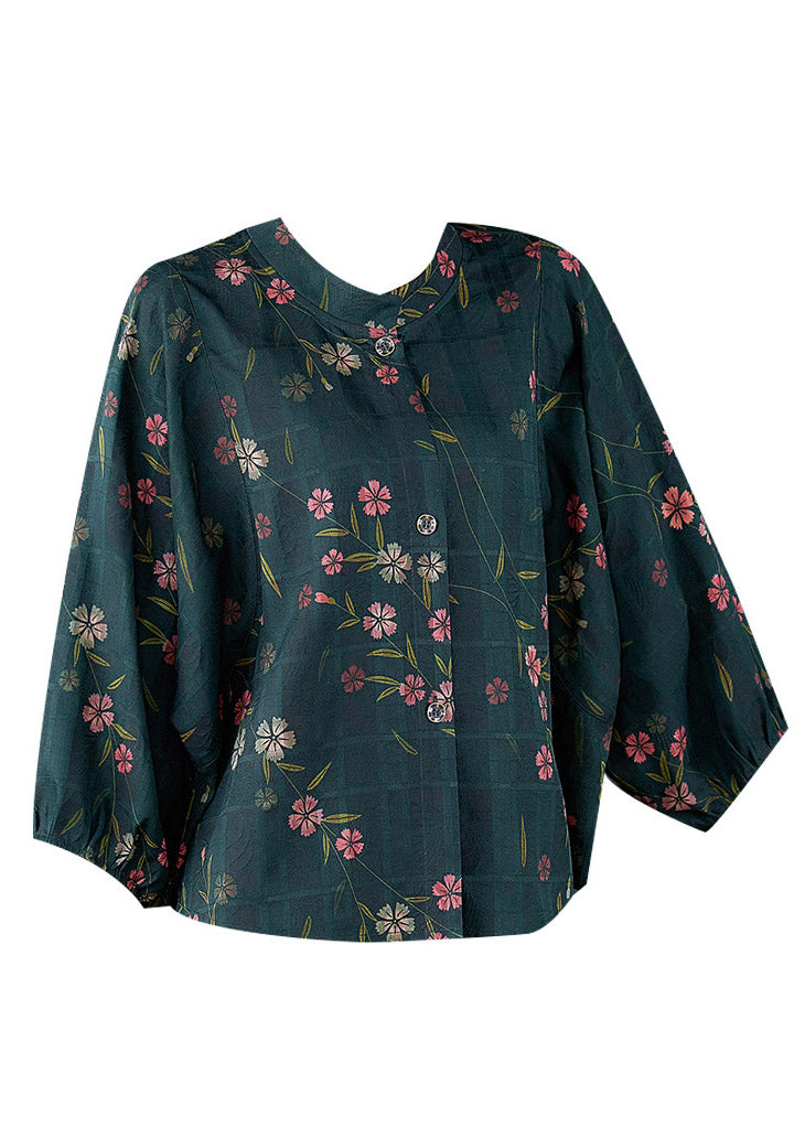 Fashion Green O-Neck Print Button Silk Shirt Long Sleeve