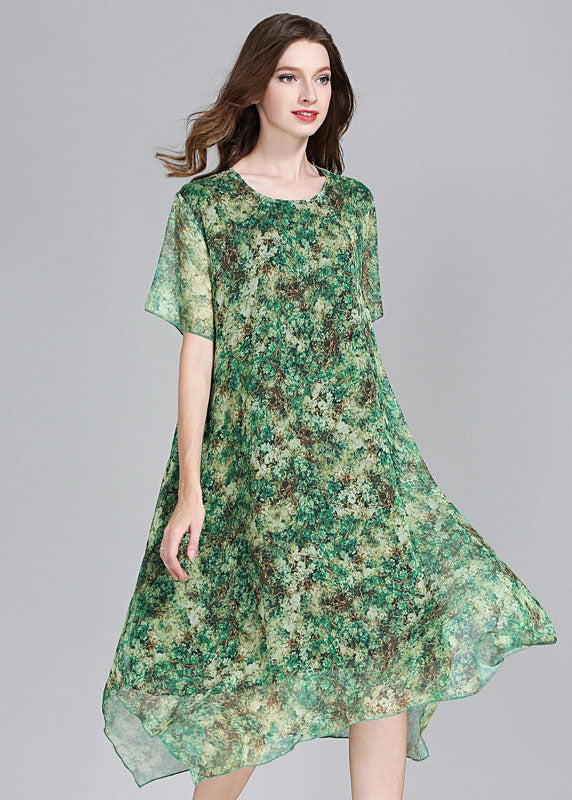 Fashion Green O Neck Print Patchwork Chiffon Dress Summer