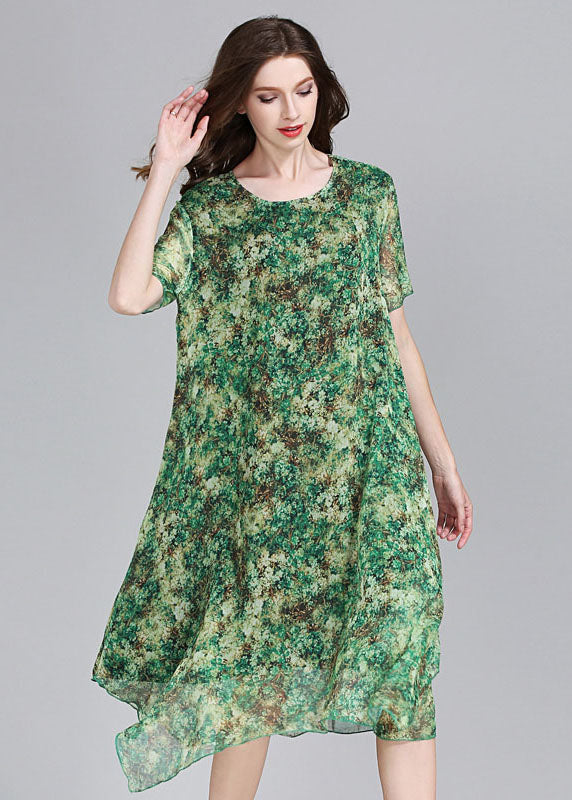 Fashion Green O Neck Print Patchwork Chiffon Dress Summer