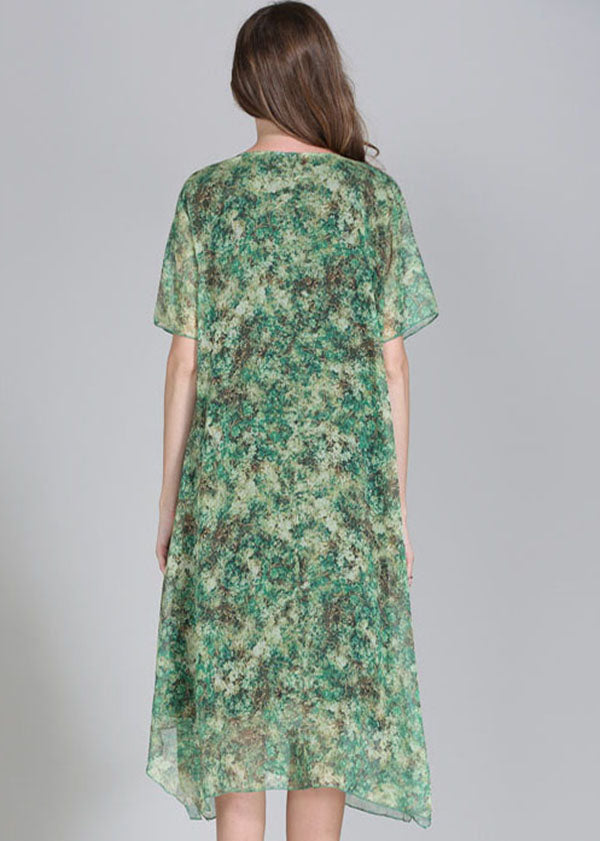 Fashion Green O Neck Print Patchwork Chiffon Dress Summer