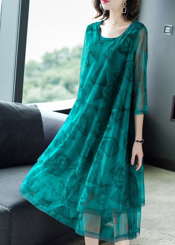 Fashion Green O-Neck Print Patchwork Tulle Maxi Dresses Summer