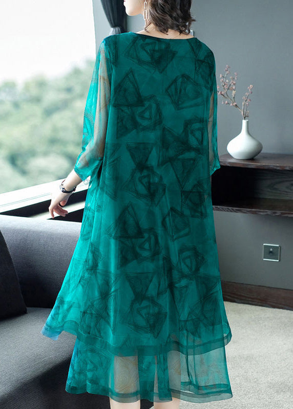 Fashion Green O-Neck Print Patchwork Tulle Maxi Dresses Summer