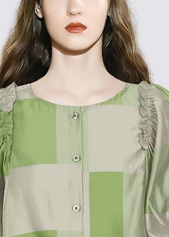 Fashion Green O Neck Ruffled Print Cotton Shirt Half sleeve