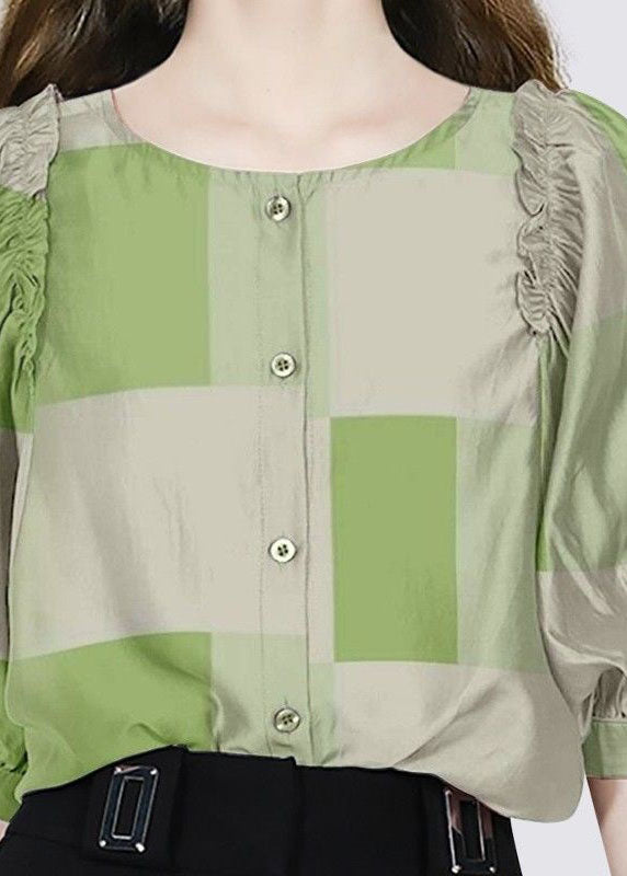 Fashion Green O Neck Ruffled Print Cotton Shirt Half sleeve