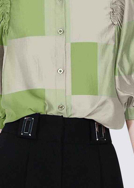 Fashion Green O Neck Ruffled Print Cotton Shirt Half sleeve