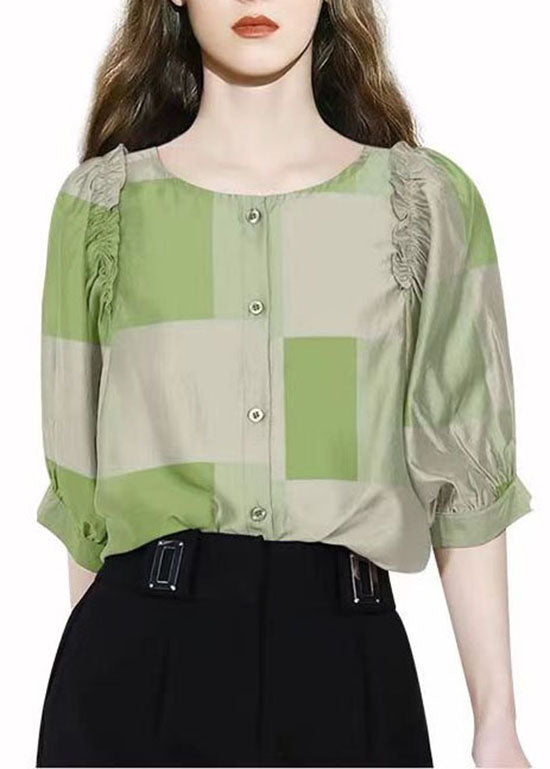 Fashion Green O Neck Ruffled Print Cotton Shirt Half sleeve