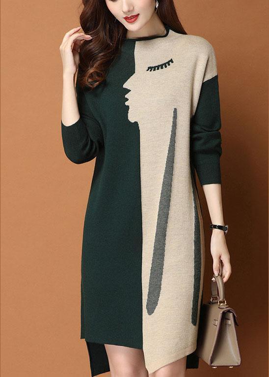 Fashion Green Patchwork asymmetrical design slim fit Fall Sweater Dress - Omychic