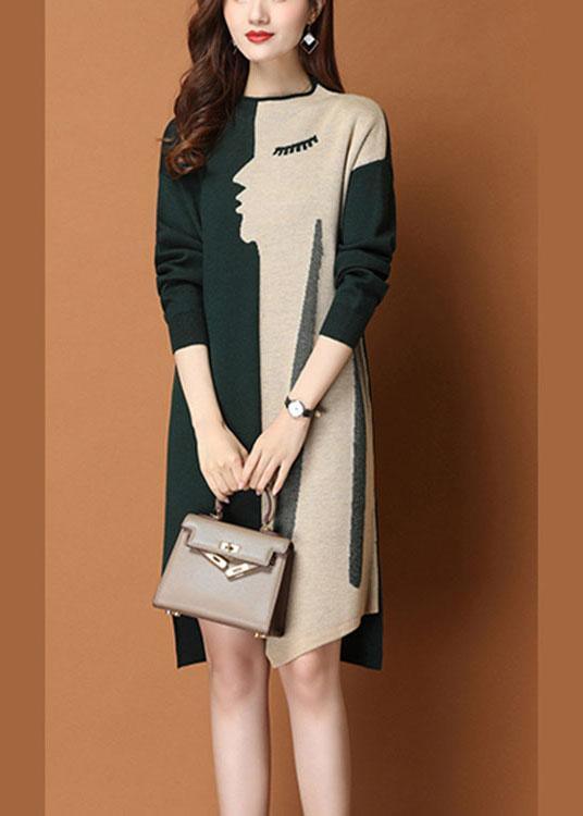 Fashion Green Patchwork asymmetrical design slim fit Fall Sweater Dress - Omychic