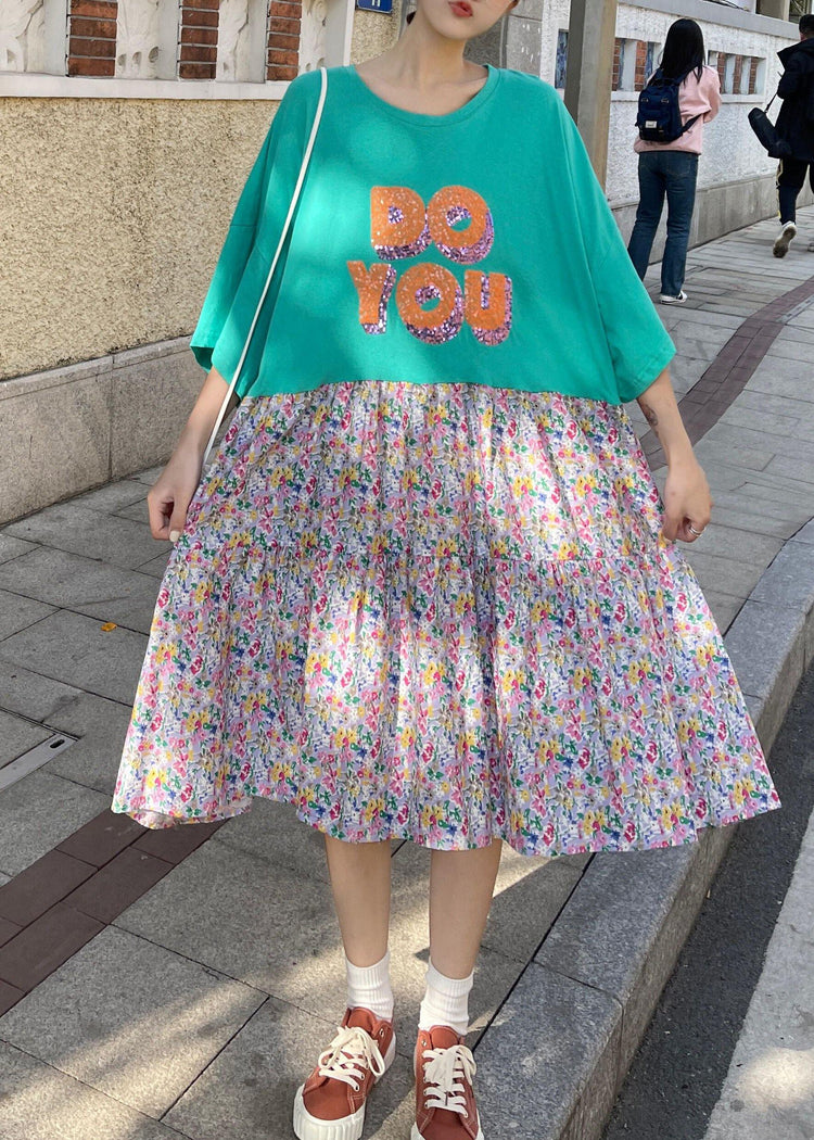 Fashion Green Ruffles O-Neck Robe Summer Cotton Dress - Omychic