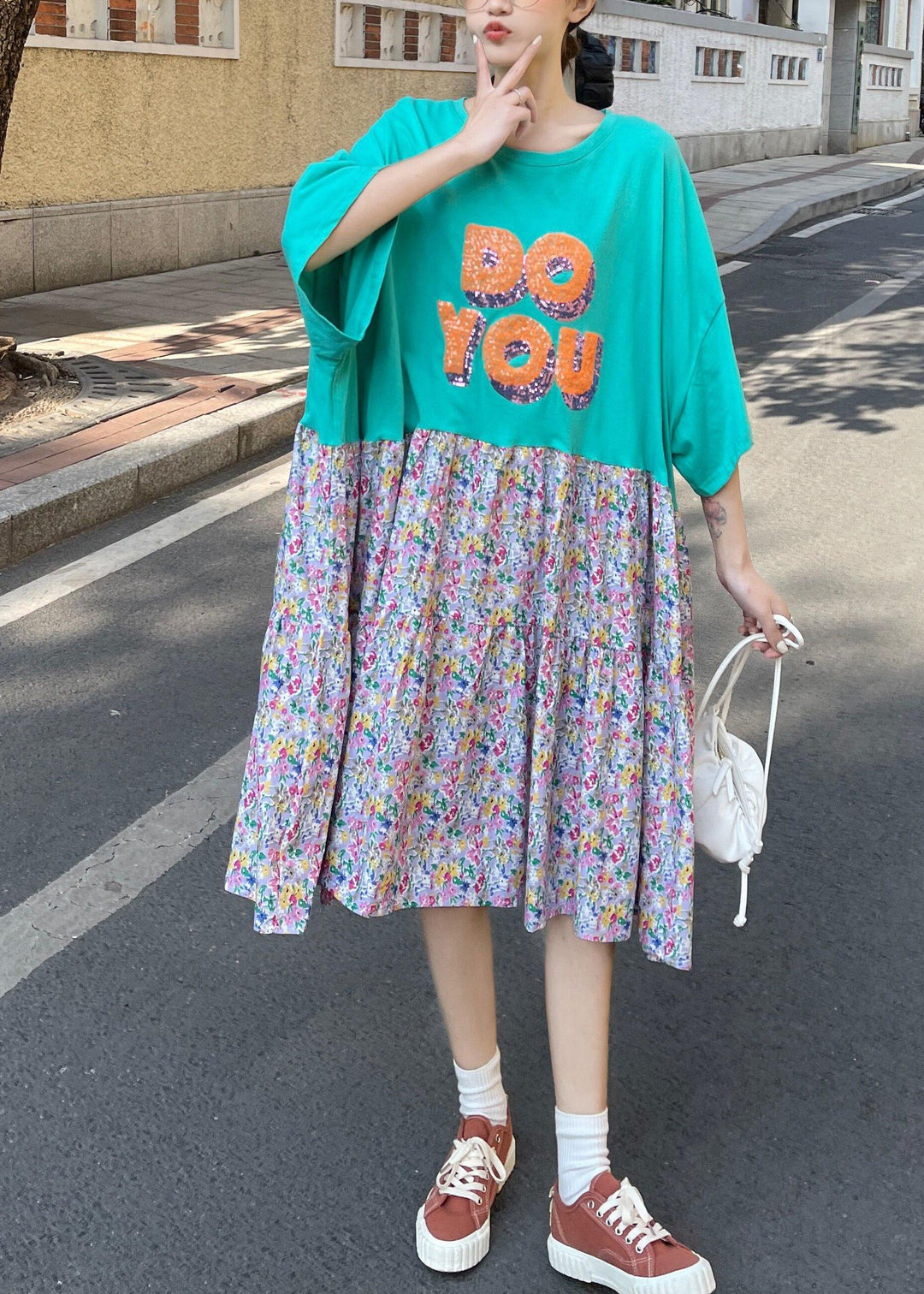 Fashion Green Ruffles O-Neck Robe Summer Cotton Dress - Omychic