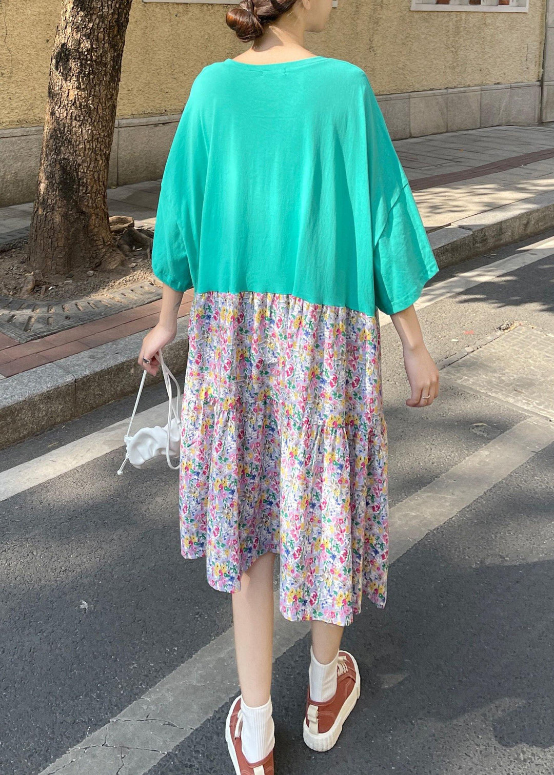 Fashion Green Ruffles O-Neck Robe Summer Cotton Dress - Omychic