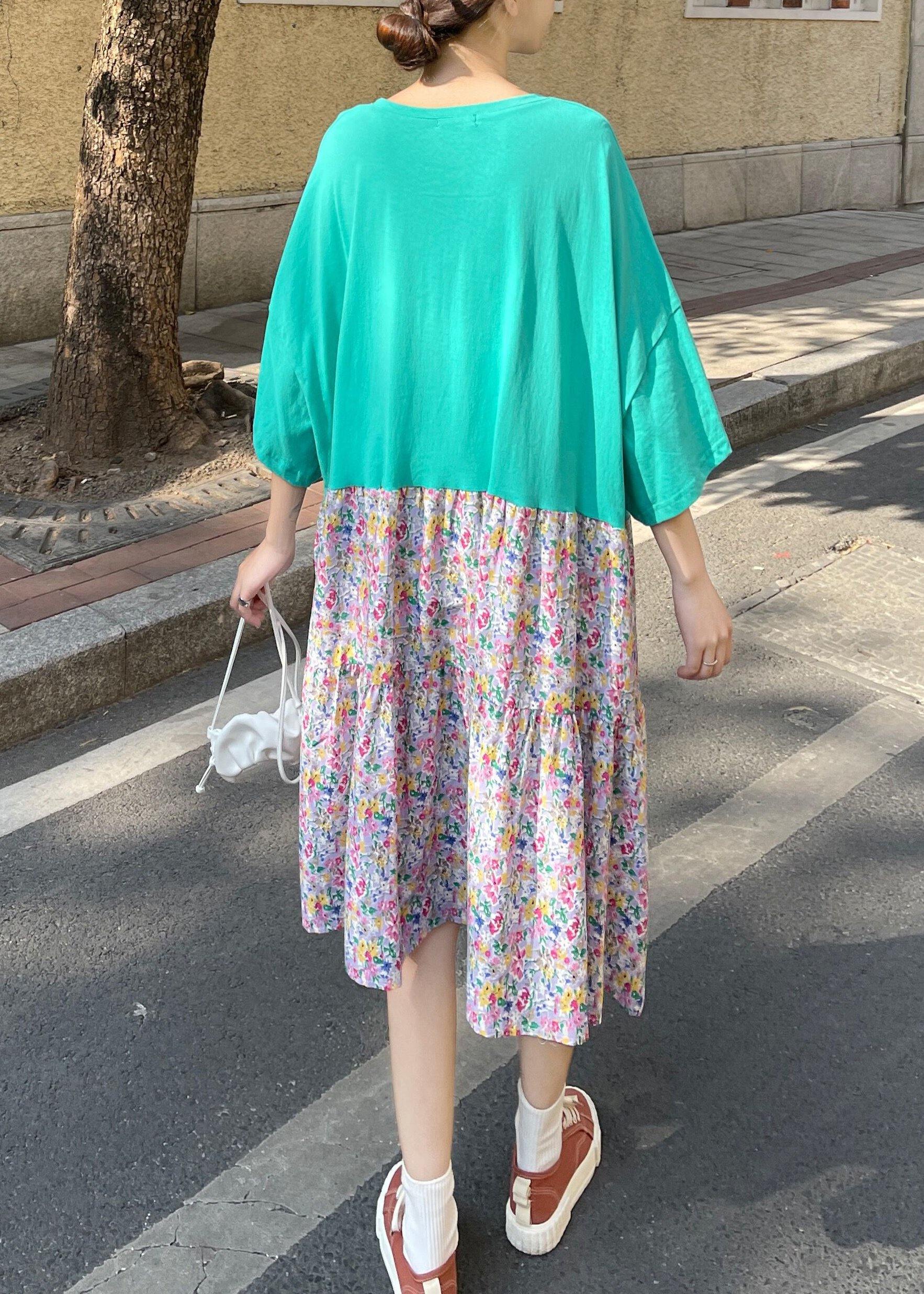 Fashion Green Ruffles O-Neck Robe Summer Cotton Dress - Omychic