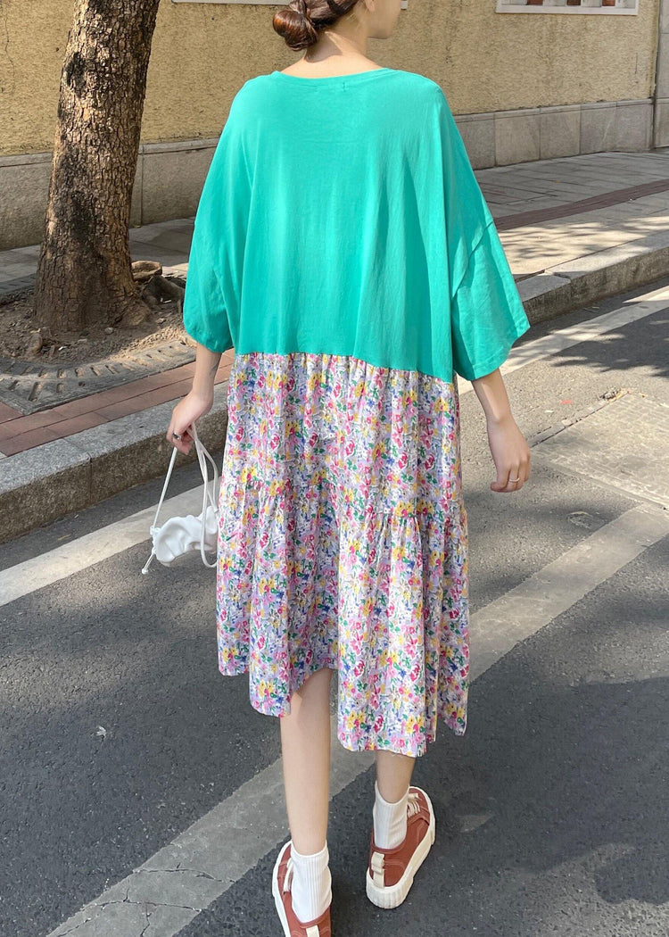 Fashion Green Ruffles O-Neck Robe Summer Cotton Dress - Omychic