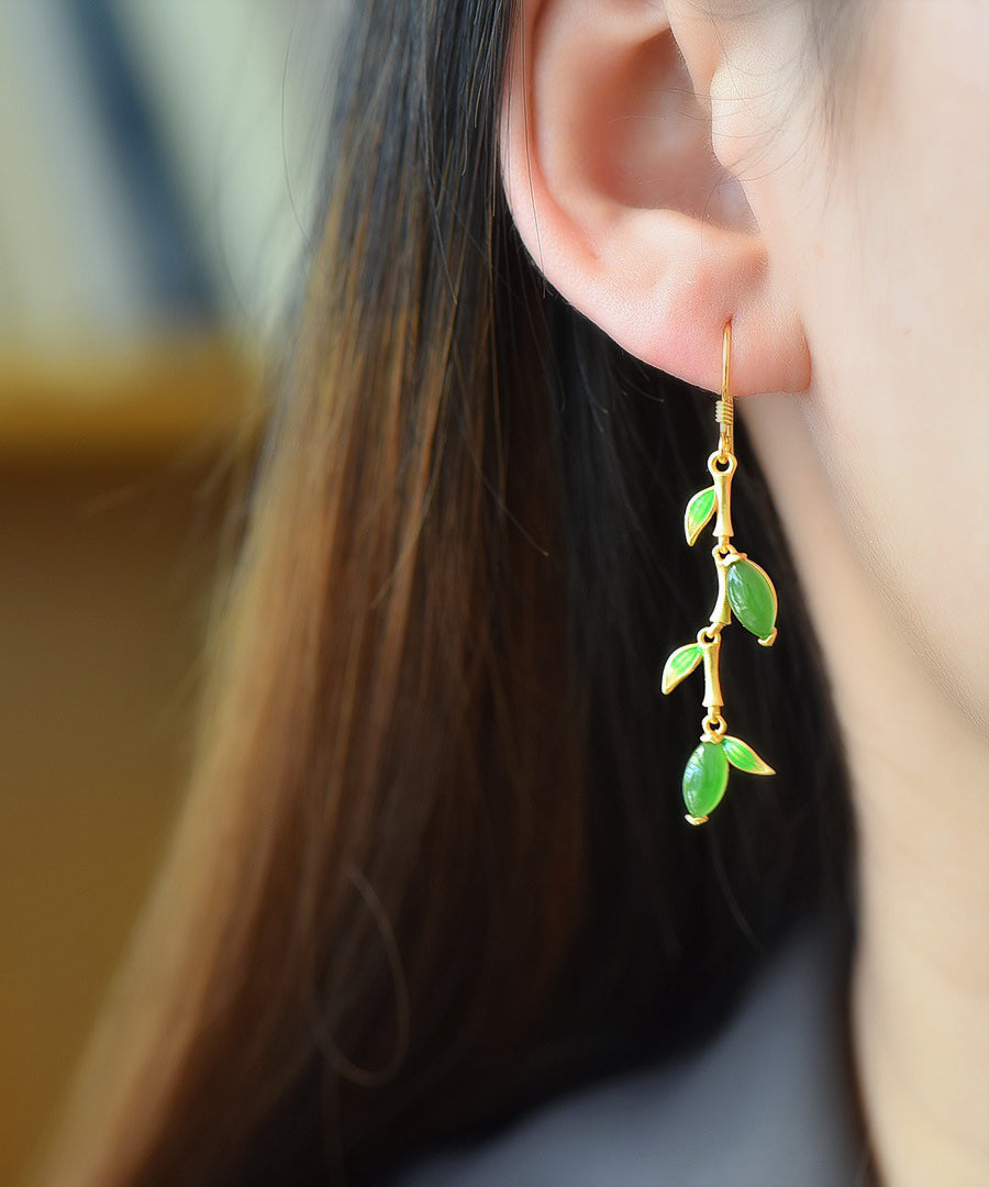 Fashion Green Silver Gold Plated inlaid Jade Drop Earrings