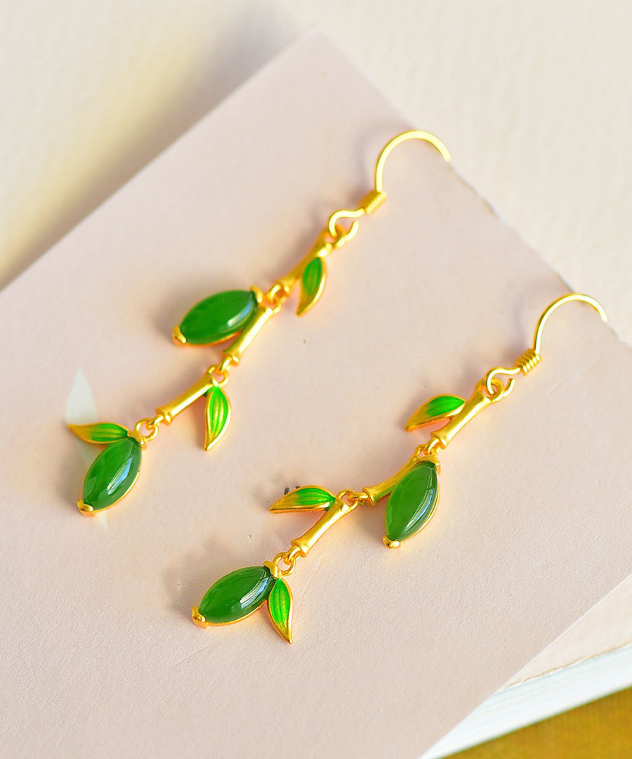 Fashion Green Silver Gold Plated inlaid Jade Drop Earrings